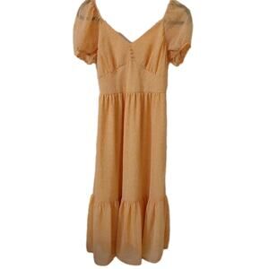 Mimi Chica Yellow Polka Dot Midi Dress S Puff Sleeve Tiered Cottagecore Milkmaid